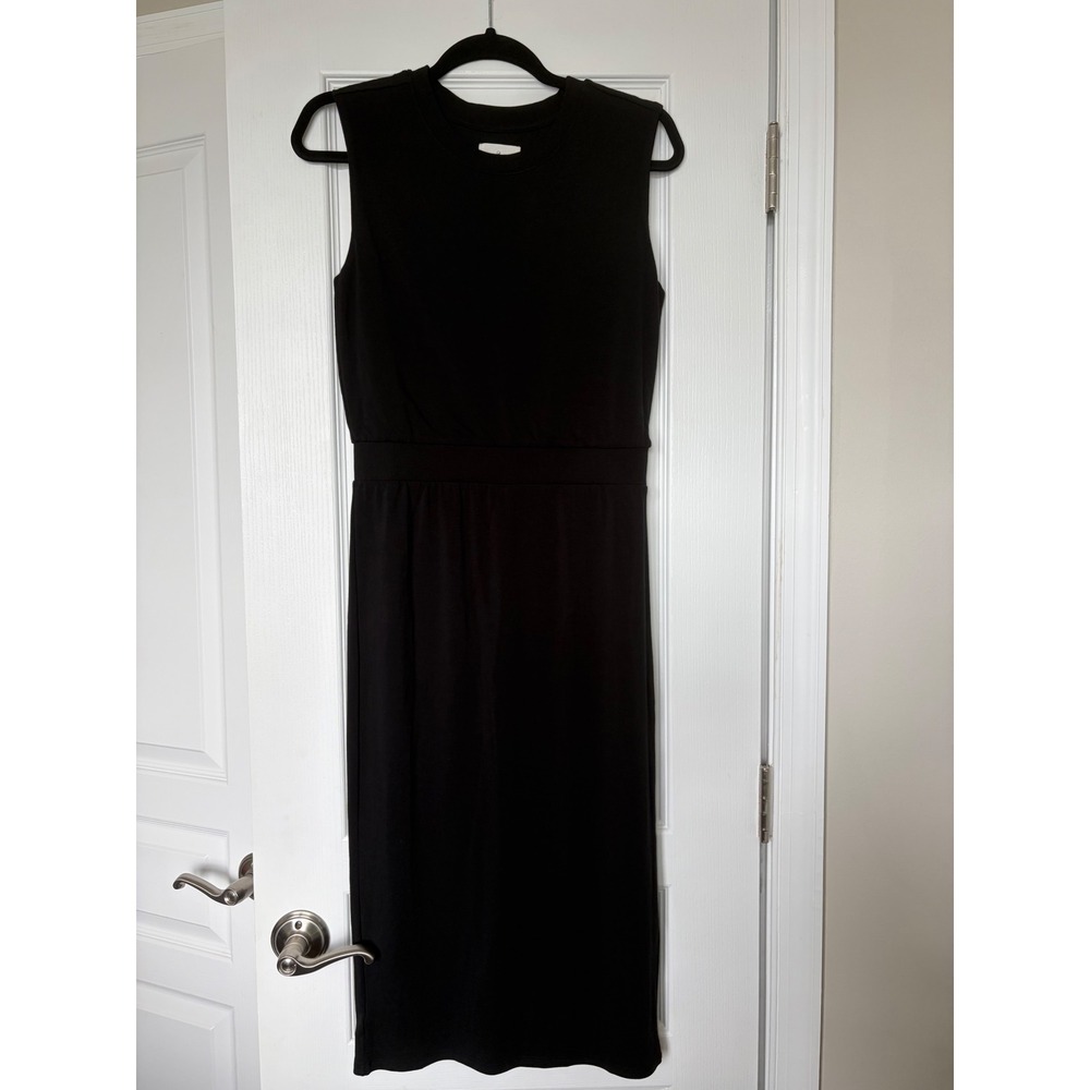 Lou & Grey Black Sleeveless Midi Dress Ribbed Waist Back Vent XS RN140923